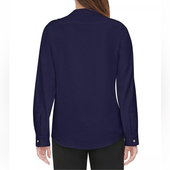 CALVIN KLEIN Textured Roll-Tab Blouse Top Sz Small Twilight Navy Blue New - Picture 3 of 6